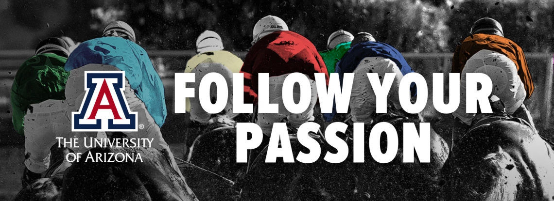 Jockeys on horses with words in front - FOLLOW YOUR PASSION